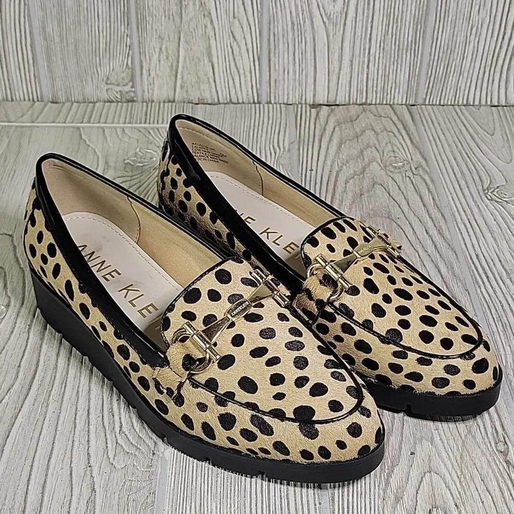Anne Klein Lalita Cow Hair Dot Leopard Wedge Loafers Womens Size 5 NEW